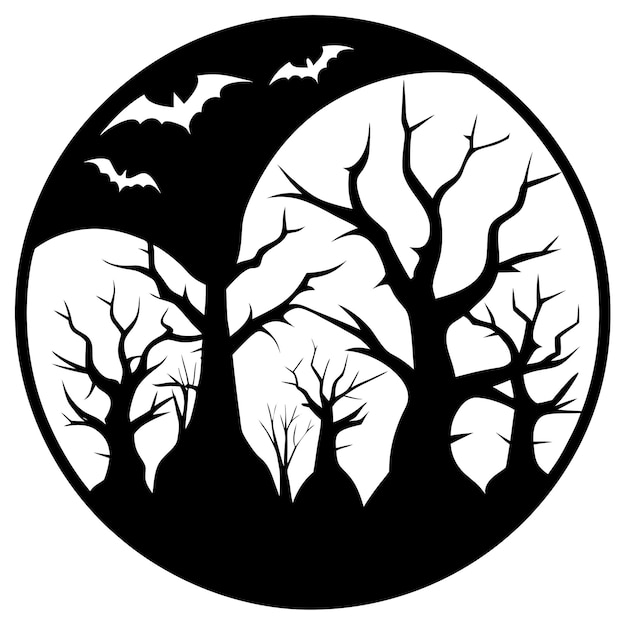 a black and white drawing of a tree with bats on it