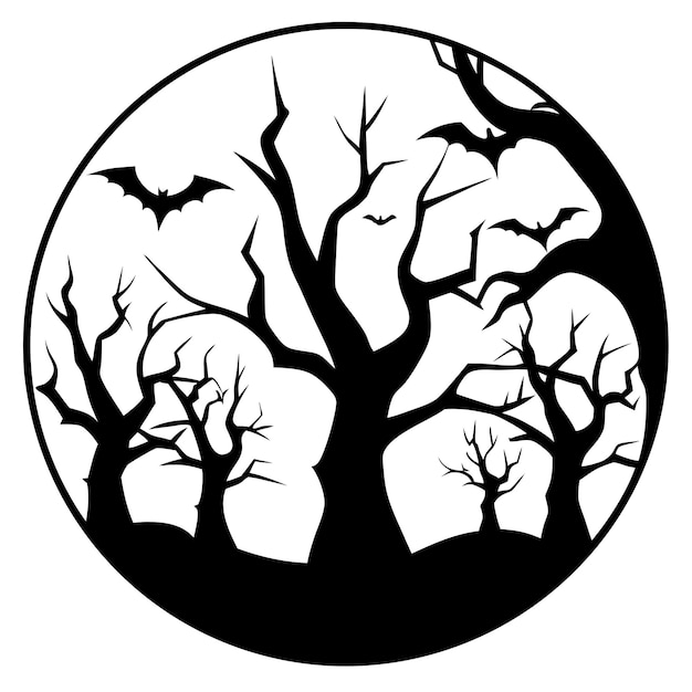 a black and white drawing of a tree with bats on it