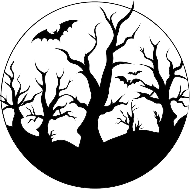 a black and white drawing of a tree with bats on it