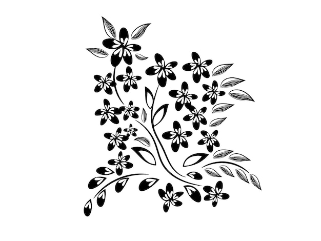 a black and white drawing of a tree with flowers and leaves