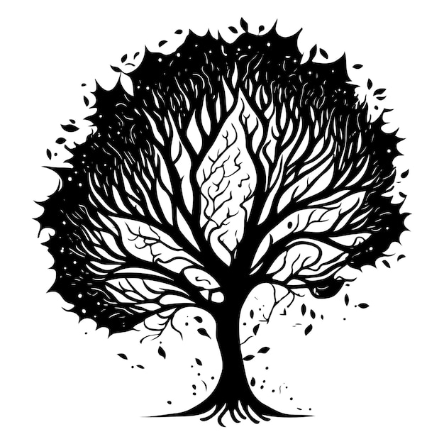 A black and white drawing of a tree with leaves