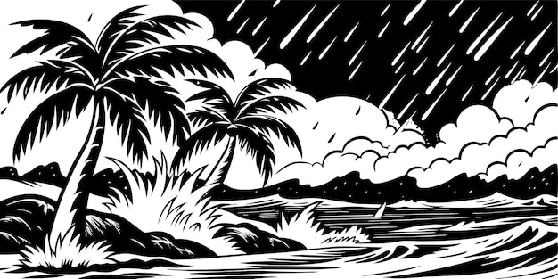 Vector a black and white drawing of a tropical beach scene with palm trees and a storm in the background