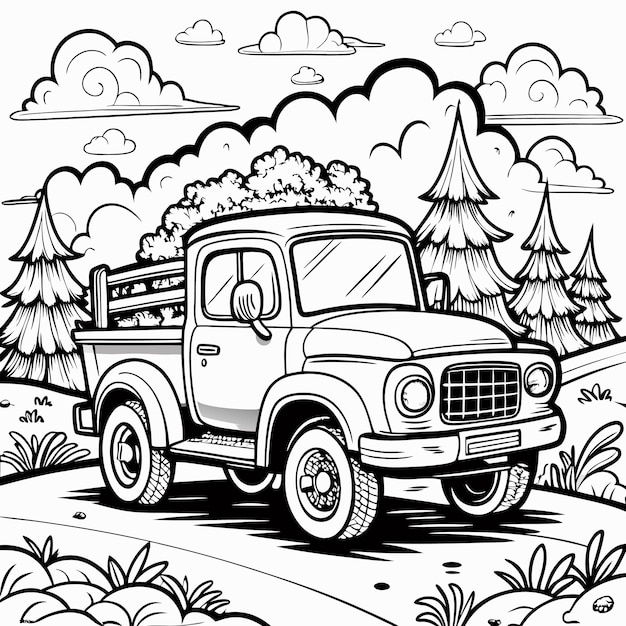 Vector a black and white drawing of a truck with a forest on the top