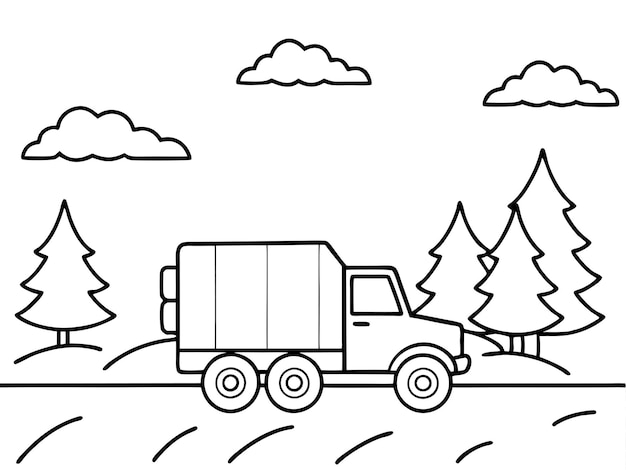 a black and white drawing of a truck with trees in the background