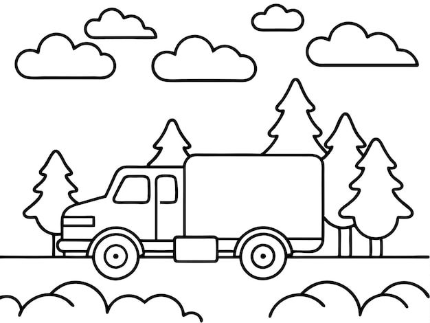 Vector a black and white drawing of a truck with trees in the background