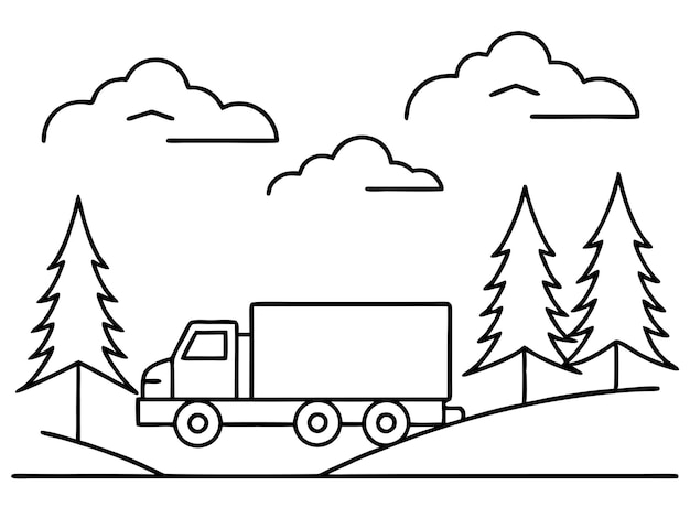 a black and white drawing of a truck with trees in the background