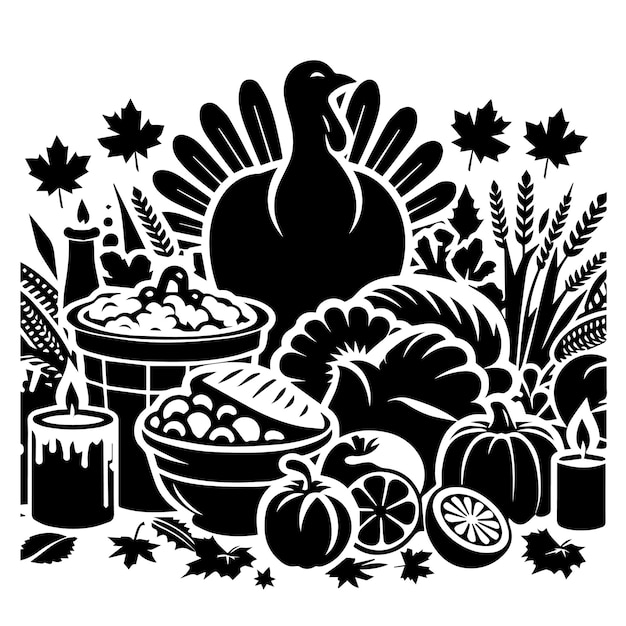 a black and white drawing of a turkey and some food