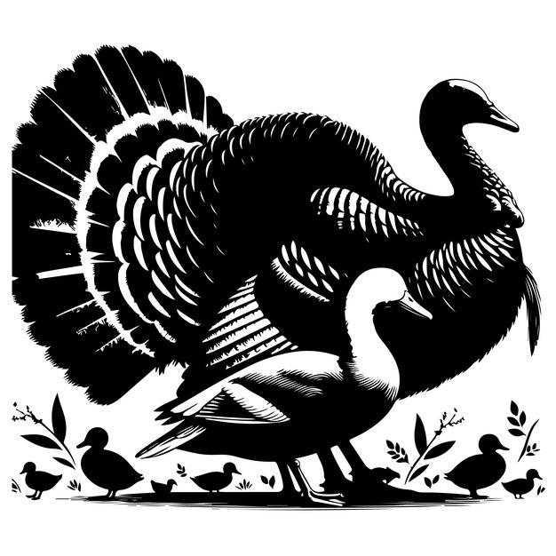 Vector a black and white drawing of a turkey with a black and white background