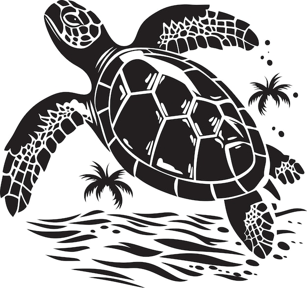 a black and white drawing of a turtle swimming in the water