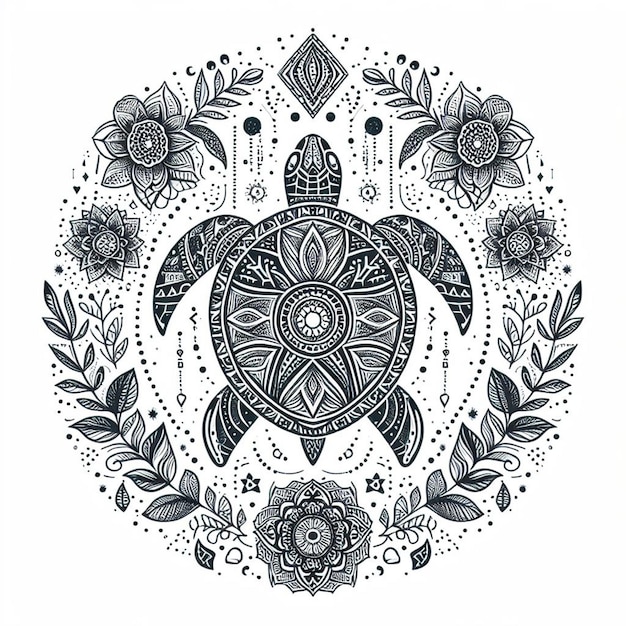 Vector a black and white drawing of a turtle with a design that says sea turtle