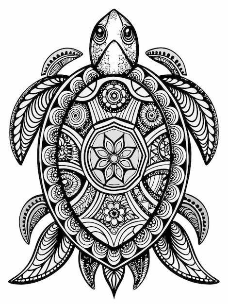 a black and white drawing of a turtle with a floral pattern