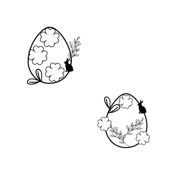 A black and white drawing of two easter eggs with a bunny on the top.