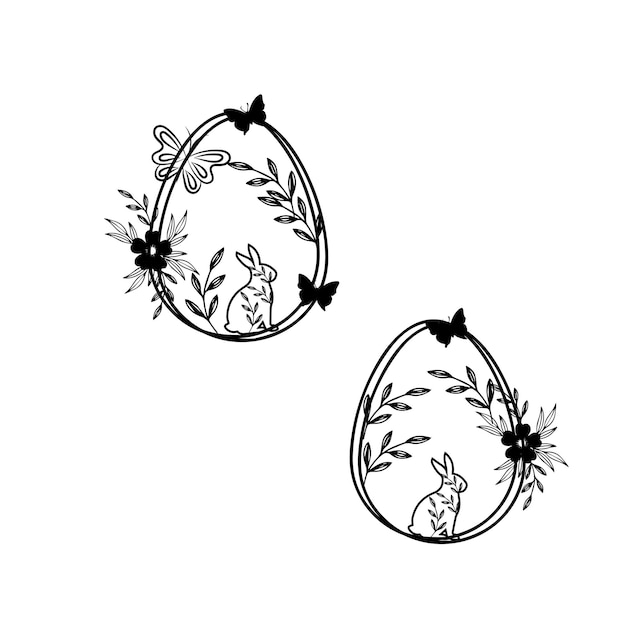 A black and white drawing of two easter eggs with a rabbit and a rabbit on the bottom.