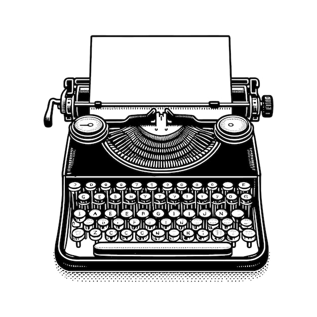 a black and white drawing of a typewriter with a blank sheet of paper behind it