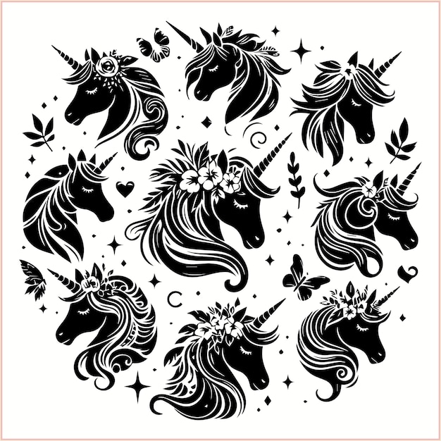 Vector a black and white drawing of a unicorn with a flower on it