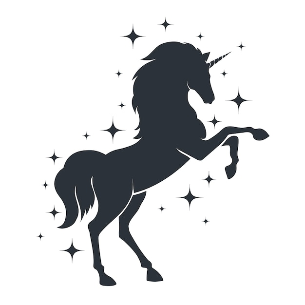 Vector a black and white drawing of a unicorn with stars on itunicorn silhouette rearing miracle mytholog