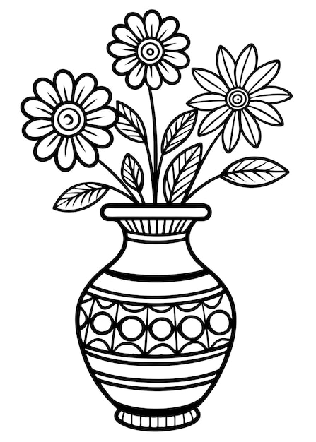 Vector a black and white drawing of a vase with flowers in it