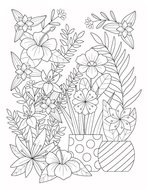 A black and white drawing of a vase with flowers and leaves