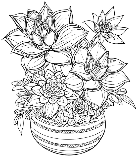 Vector a black and white drawing of a vase with flowers and leaves