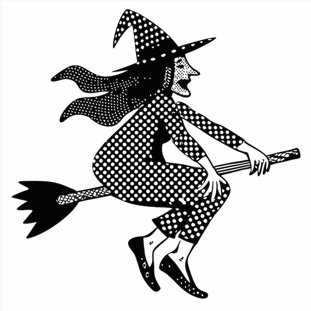 a black and white drawing of a witch with a broom and a broom