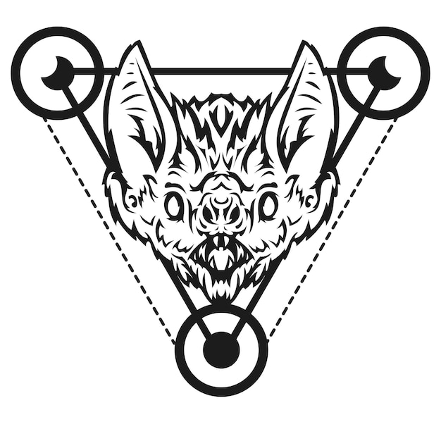 a black and white drawing of a wolf head with a triangle