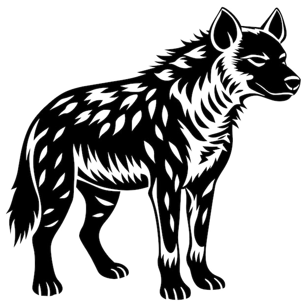 a black and white drawing of a wolf with black spots and a wolf on it