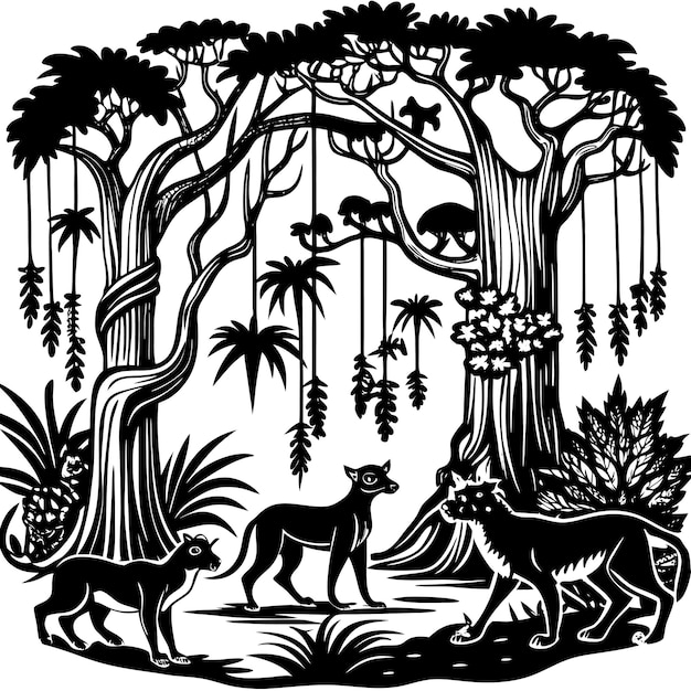 a black and white drawing of a wolf and a wolf in a forest