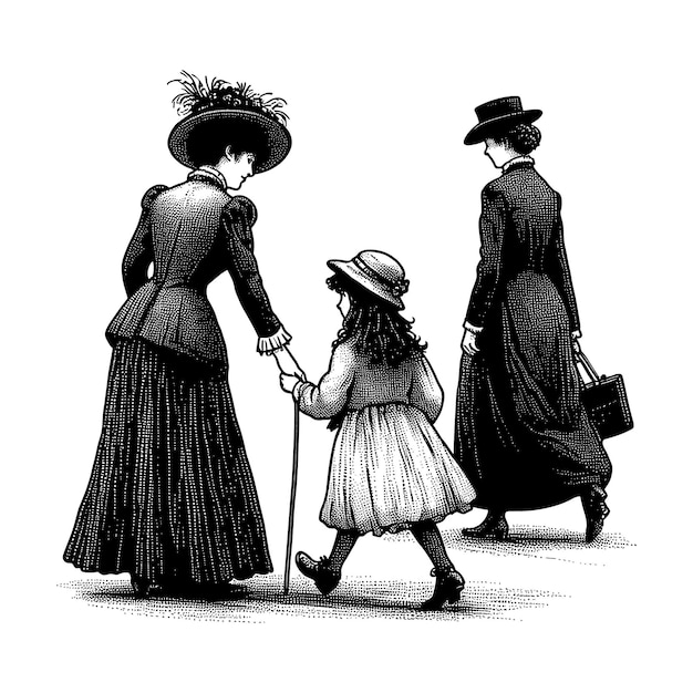 a black and white drawing of a woman and a child walking in the street