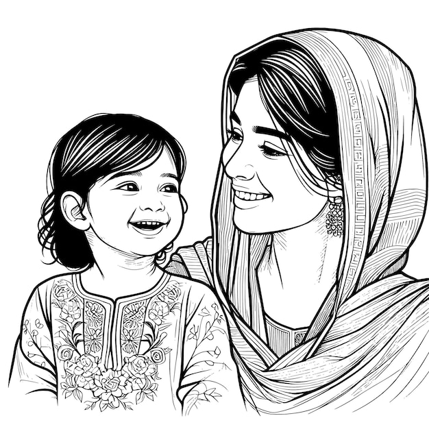 a black and white drawing of a woman and a child