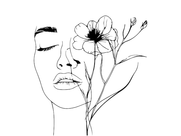 Vector a black and white drawing of a woman and flowers