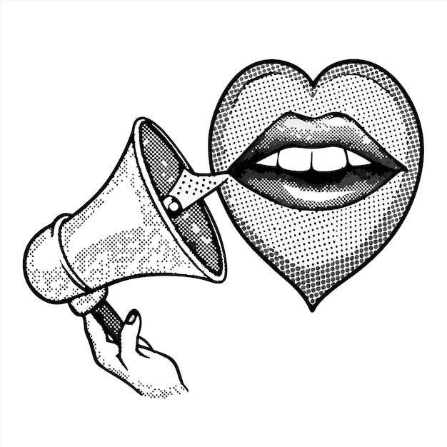 a black and white drawing of a woman holding a megaphone with a heart on it