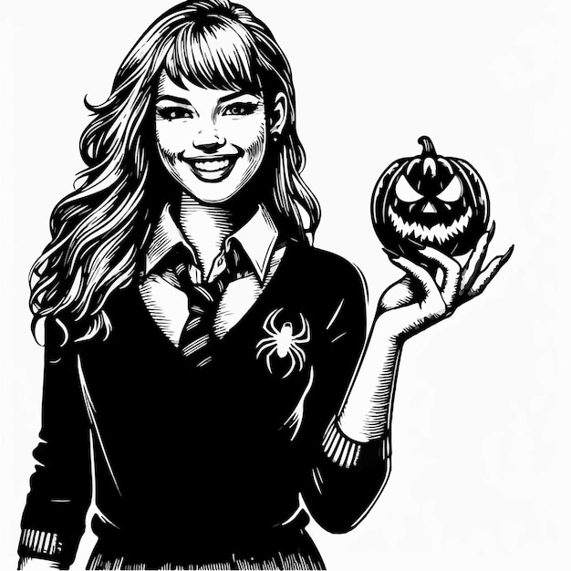 Vector a black and white drawing of a woman holding a pumpkin