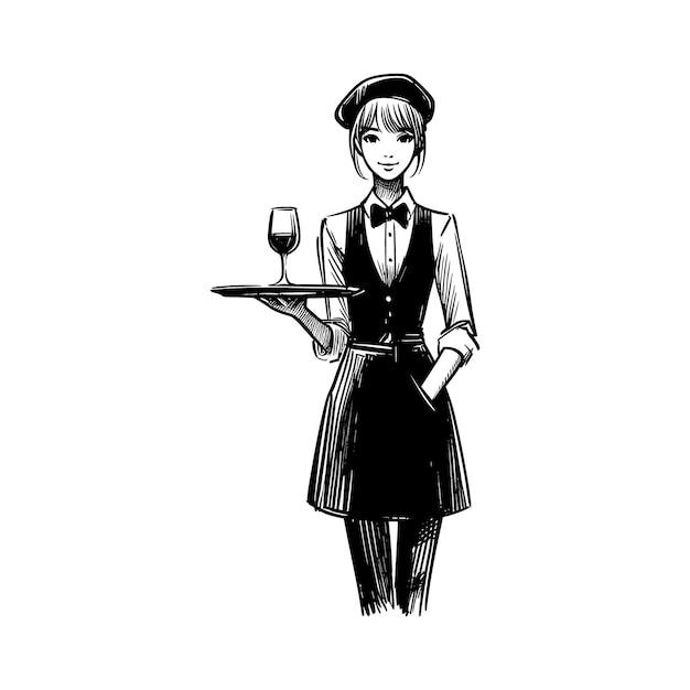 a black and white drawing of a woman holding a tray of wine