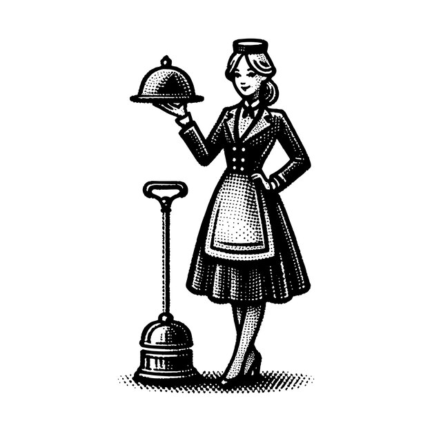 Vector a black and white drawing of a woman holding a tray with a sign that says  lady