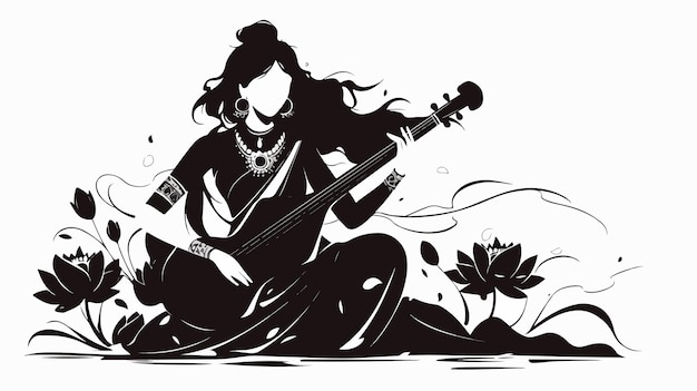 a black and white drawing of a woman playing a violin