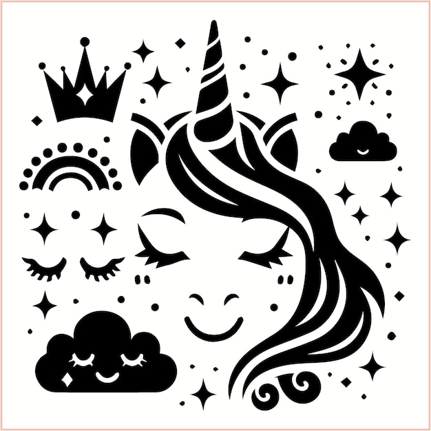 Vector a black and white drawing of a woman with a crown and clouds