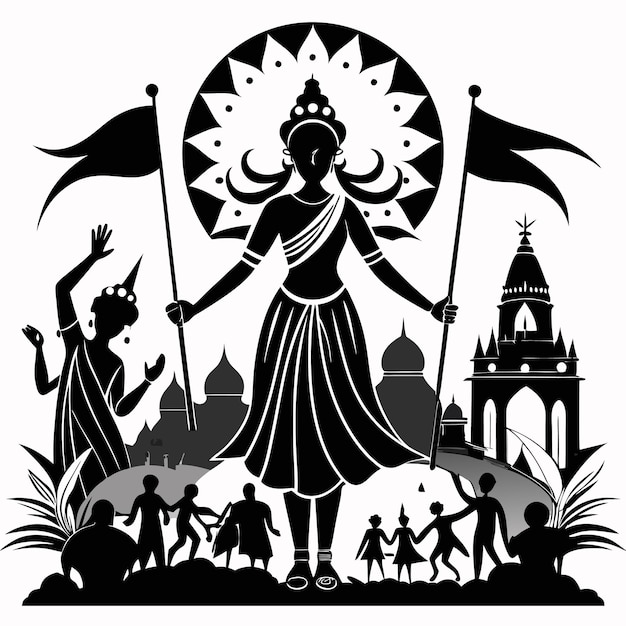 a black and white drawing of a woman with a flag and a silhouette of a woman with a sun symbol on it