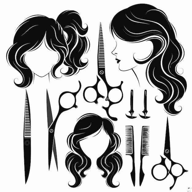 Vector a black and white drawing of a woman with long hair and a hair clippings