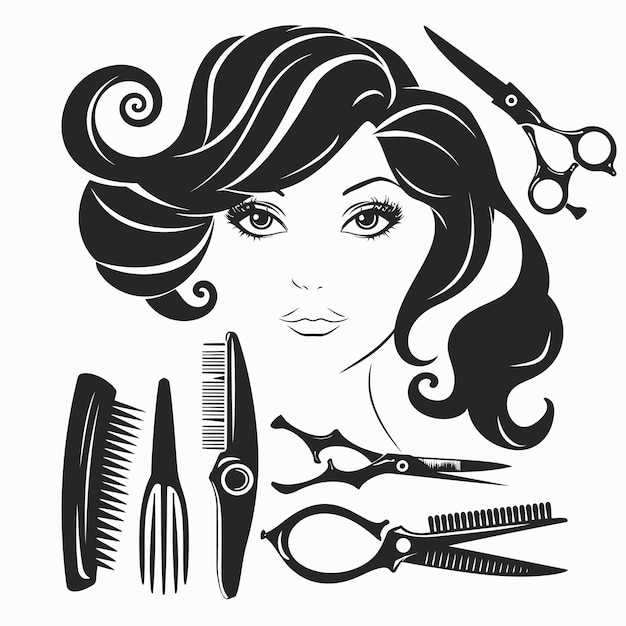 Vector a black and white drawing of a woman with a lot of hair and scissors