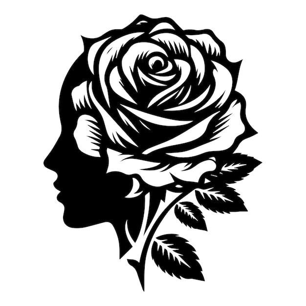 a black and white drawing of a womans head with a rose on it