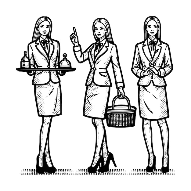 a black and white drawing of women in business attire with a tray of food