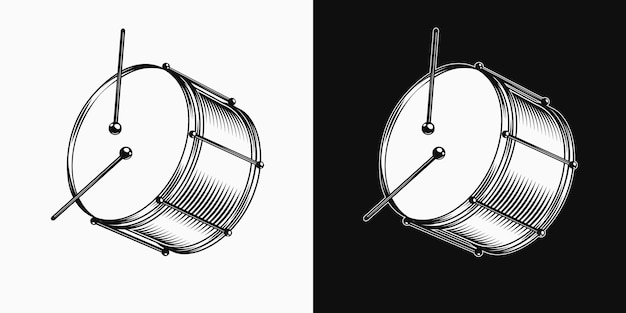 Vector black and white drum with drumsticks