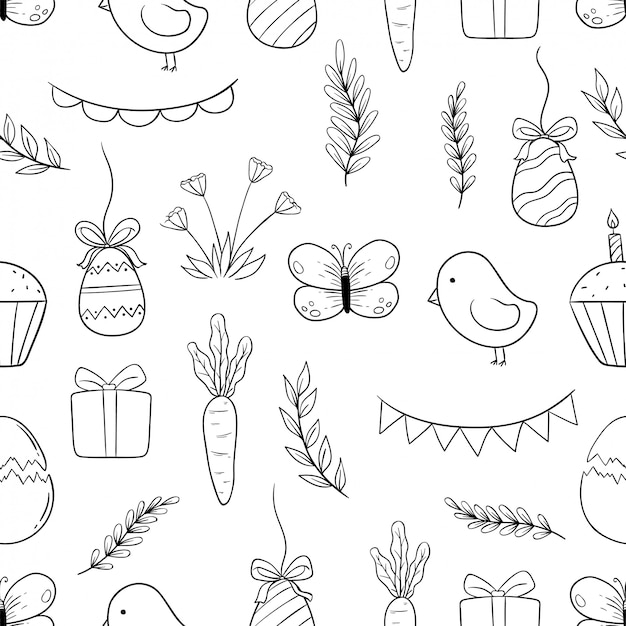 Black and white easter icons in seamless pattern with hand drawn or doodle style