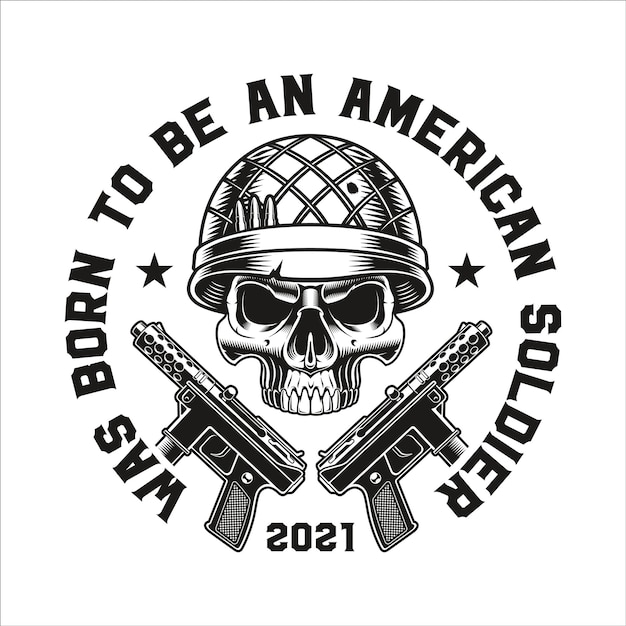 A black and white emblem of a military skull with pistols