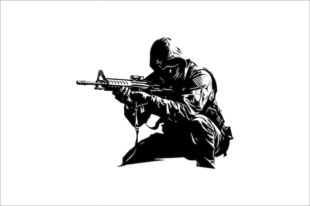 Black and white emblem of terrorists a soldier in a mask a machine gun silhouette emblem soldier