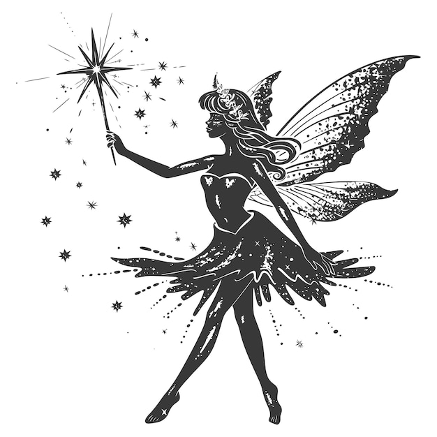 Vector black and white fairy silhouette with stars and magic wand