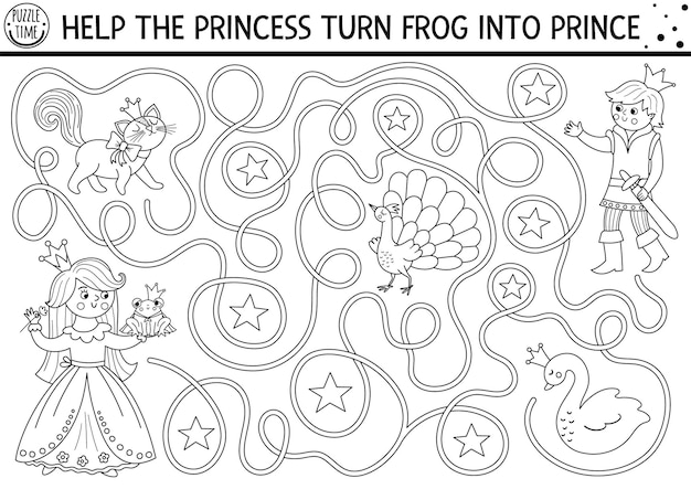 Black and white fairytale maze for kids with fantasy characters Magic kingdom line preschool printable activity Fairy tale labyrinth game or puzzle Coloring page with princess frog princexA