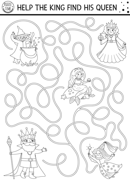 Black and white fairytale maze for kids with fantasy characters Magic kingdom line preschool printable activity with witch fairy mermaid Fairy tale labyrinth game Coloring page with king queenxA