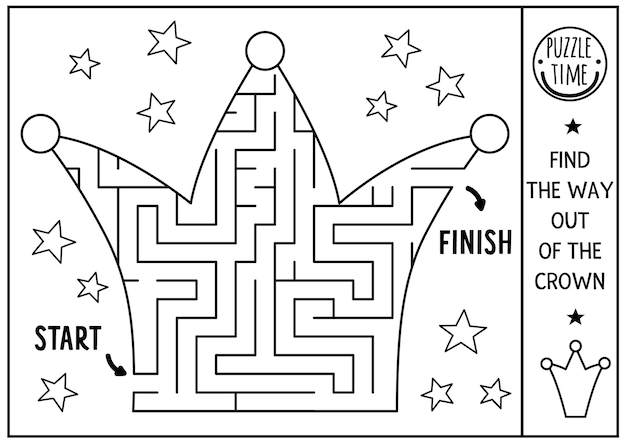 Black and white fairytale maze Magic kingdom preschool line printable activity Fairy tale geometric labyrinth game or puzzle shaped like crown King themed coloring page for kidsxA