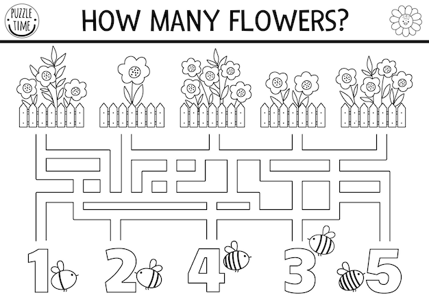 Black and white farm or garden maze for kids with flowerbeds bees fence Countryside line preschool printable counting activity Labyrinth coloring game or math puzzle with cute flowersxA